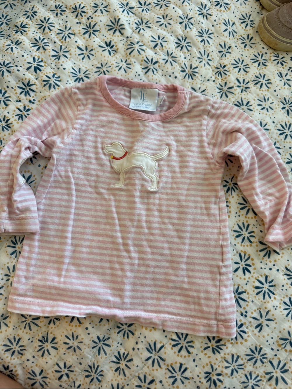Little English Pink and White Striped Puppy Applique Long-Sleeve Tee
